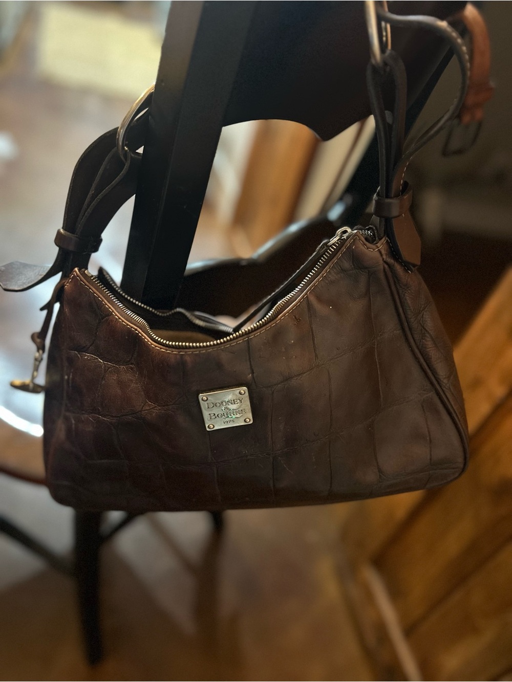 Dooney & Bourke Dark Brown Croc-Embossed Leather Hobo Bag